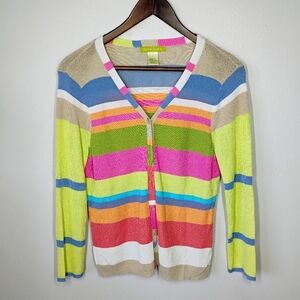 Sigrid Olsen Cardigan Sweater Womens Small Colorful Stripes Preppy Art‎ Teacher